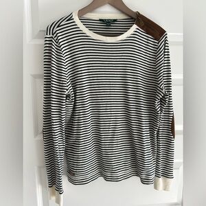 Lauren Ralph Lauren Elbow Patch Striped Top Navy Blue Cream Size XL